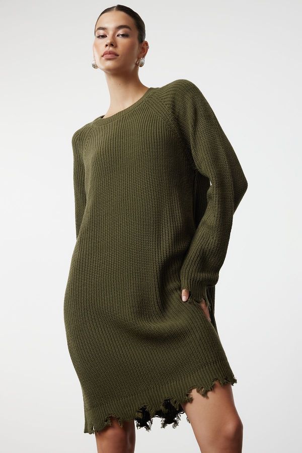 Trendyol Trendyol Khaki Mini Knitwear Wide Patterned Plain Dress with Draping Detail