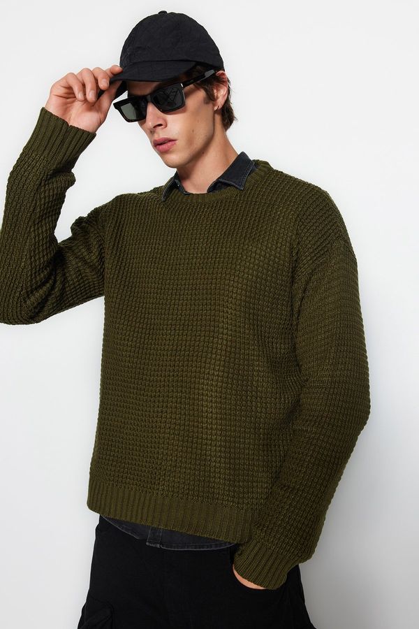 Trendyol Trendyol Khaki Oversize Fit Wide Fit Crew Neck Textured Basic Knitwear Sweater