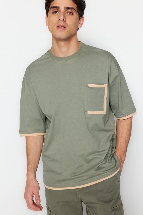 Trendyol Trendyol Khaki Oversize Pocket Color Block 100% Cotton T-Shirt