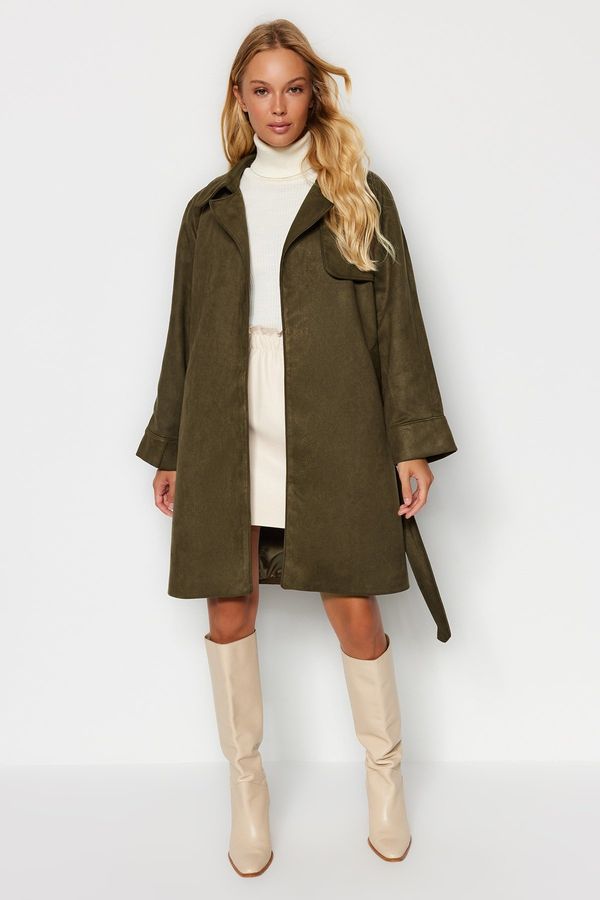 Trendyol Trendyol Khaki Oversize Wide-Cut Suede Long Trench Coat with Sash Detail