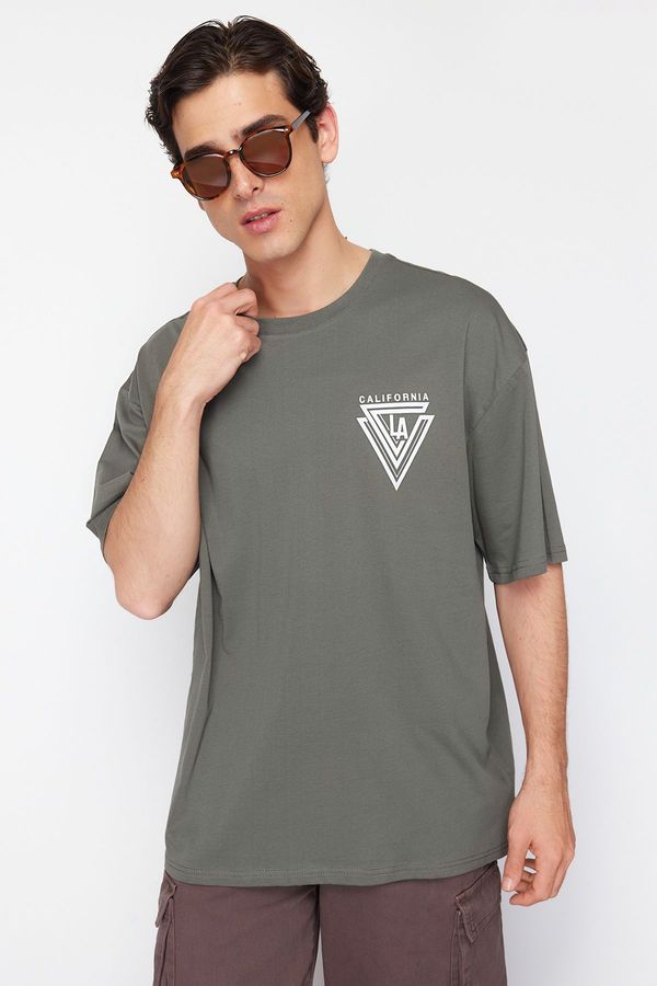 Trendyol Trendyol Khaki Oversize/Wide Cut Crew Neck City Printed 100% Cotton T-Shirt