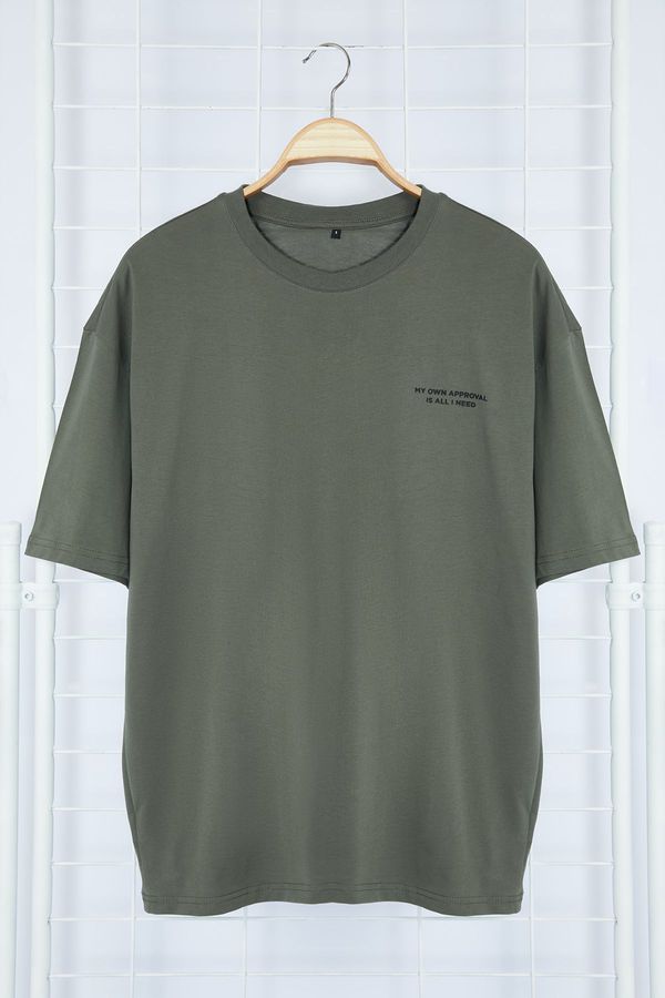 Trendyol Trendyol Khaki Oversize/Wide Cut Text Printed Short Sleeve 100% Cotton T-Shirt