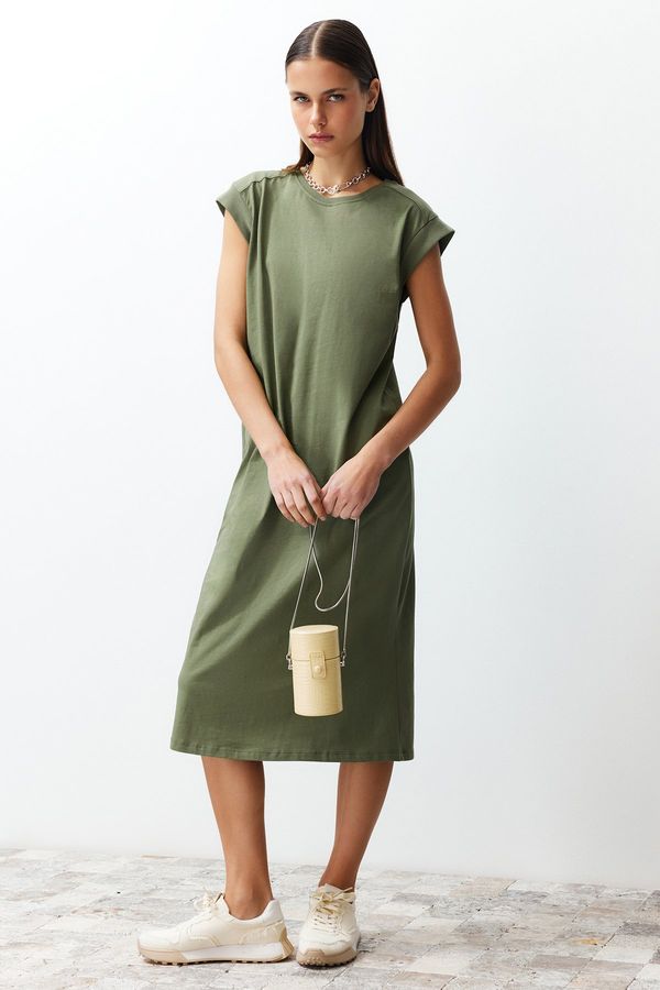 Trendyol Trendyol Khaki Plain T-shirt Dress 100% Cotton Moon Sleeve Shift/Relaxed Cut Midi Midi Dress