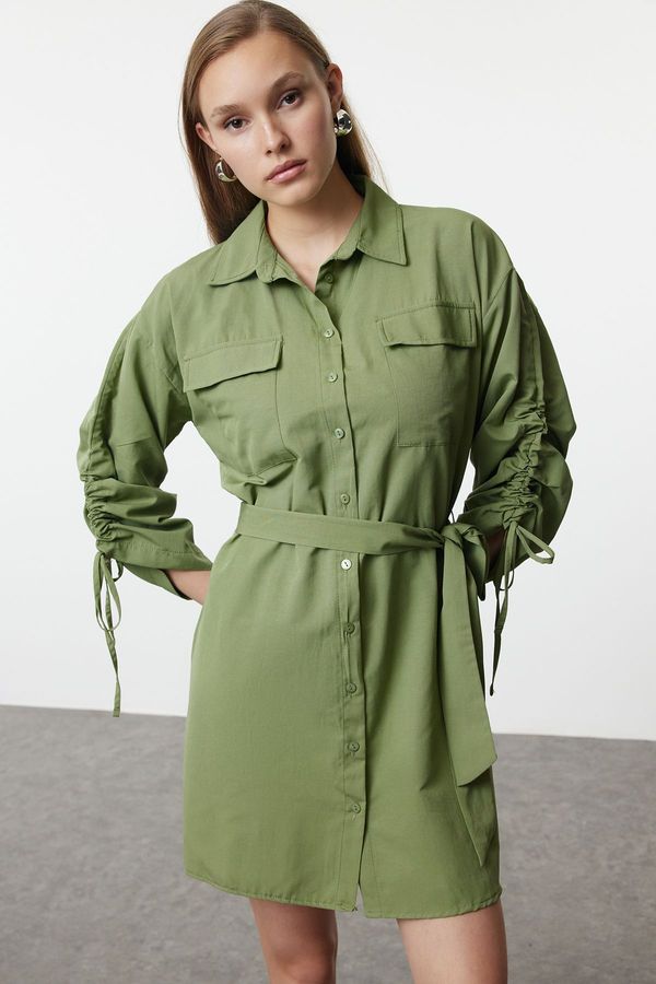 Trendyol Trendyol Khaki Pocket and Gather Detailed Mini Woven Shirt Dress