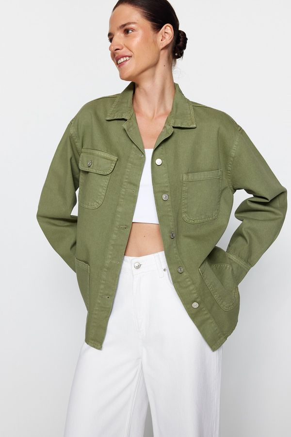 Trendyol Trendyol Khaki Pocket Detailed Oversize Denim Shirt Jacket