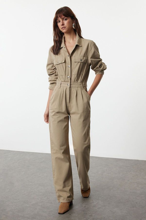 Trendyol Trendyol Khaki Pocket Detailed Pleated Denim Overalls