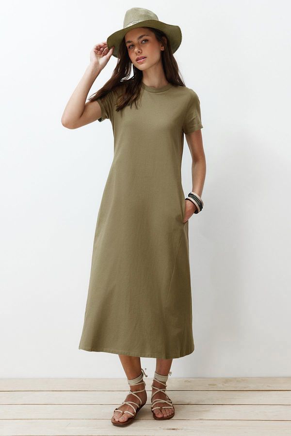 Trendyol Trendyol Khaki Pocket Premium Crew Neck A-Line Knitted Midi Dress