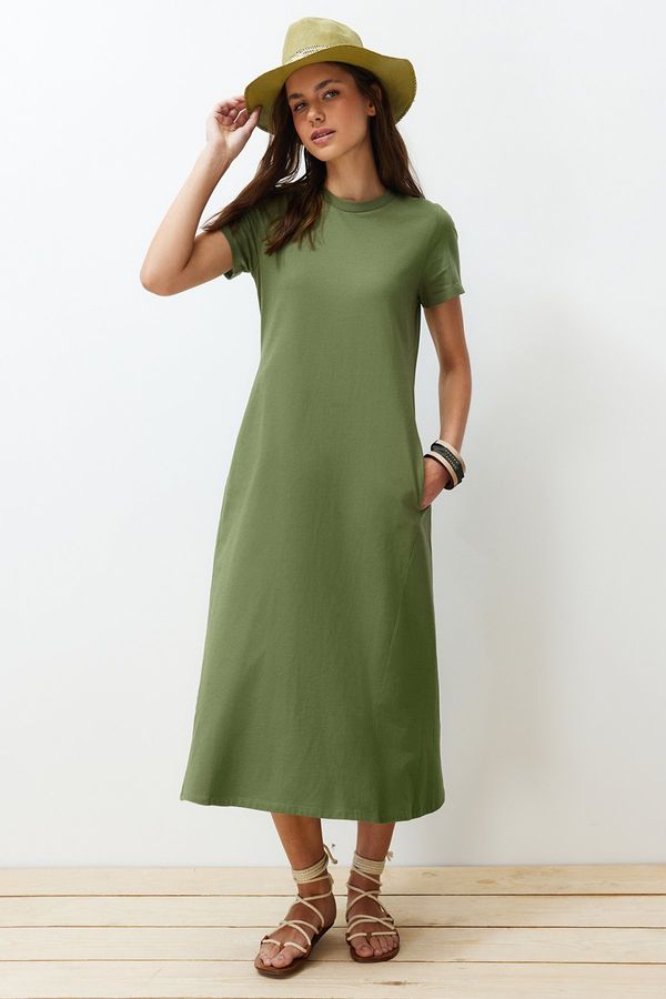 Trendyol Trendyol Khaki Pocketed Premium Crew Neck A-Line Knitted Midi Dress