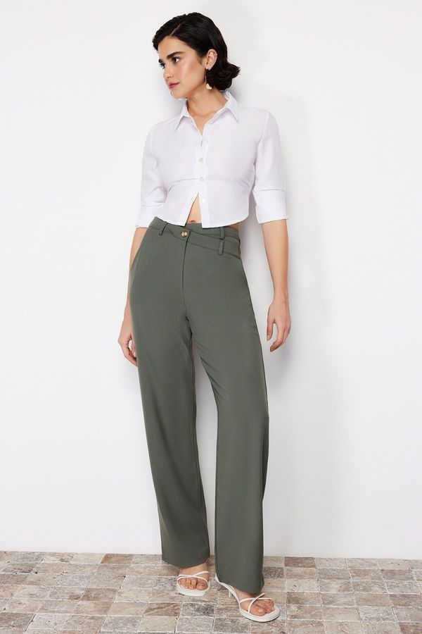 Trendyol Trendyol Khaki Premium Straight/Straight Fit Asymmetric Waist Detail Woven Trousers