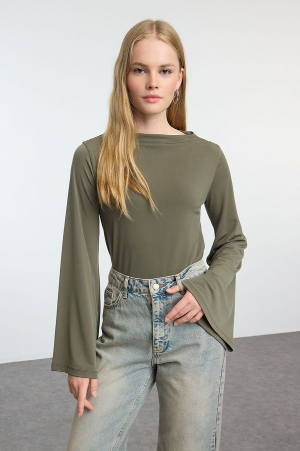 Trendyol Trendyol Khaki Relaxed/Comfortable Fit Spanish Sleeve Stretchy Knitted Blouse