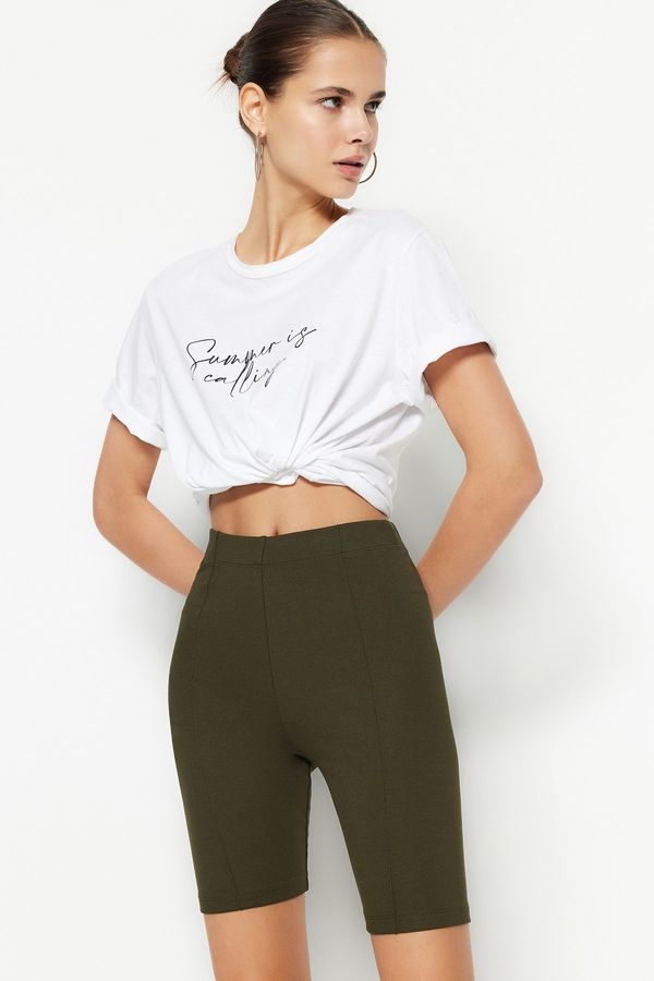 Trendyol Trendyol Khaki Ribbed Biker High Waist Interlock Knitted Leggings