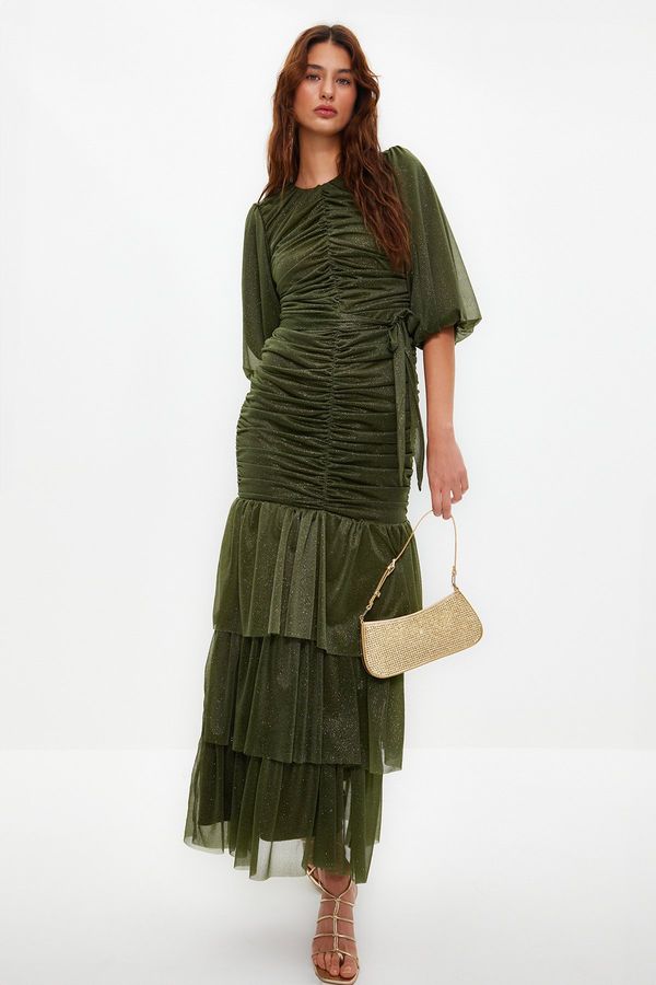 Trendyol Trendyol Khaki Ruffle Detailed Long Silvery Evening Dress