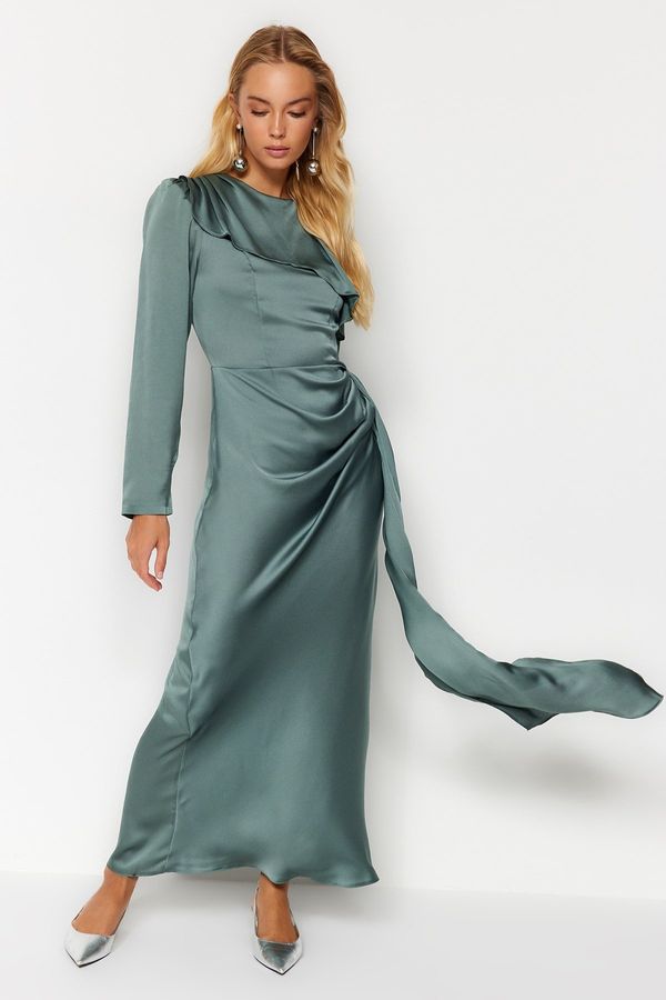 Trendyol Trendyol Khaki Shawl Detailed Satin Evening Dress