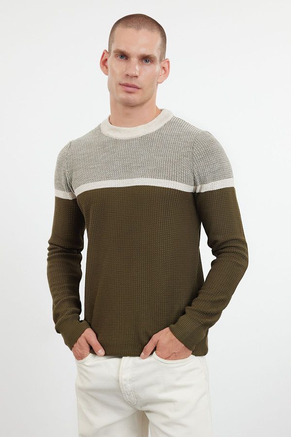 Trendyol Trendyol Khaki Slim Crew Neck Color Blocked Knitwear Sweater