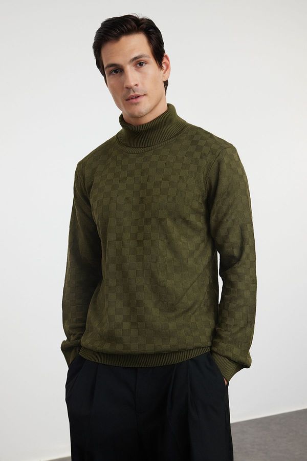 Trendyol Trendyol Khaki Slim Fit Turtleneck Plaid / Checked Knitwear Sweater