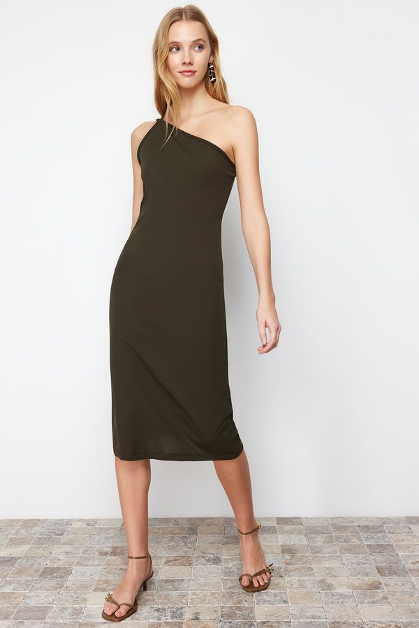 Trendyol Trendyol Khaki Strappy Fitted Midi Crepe Knitted Dress