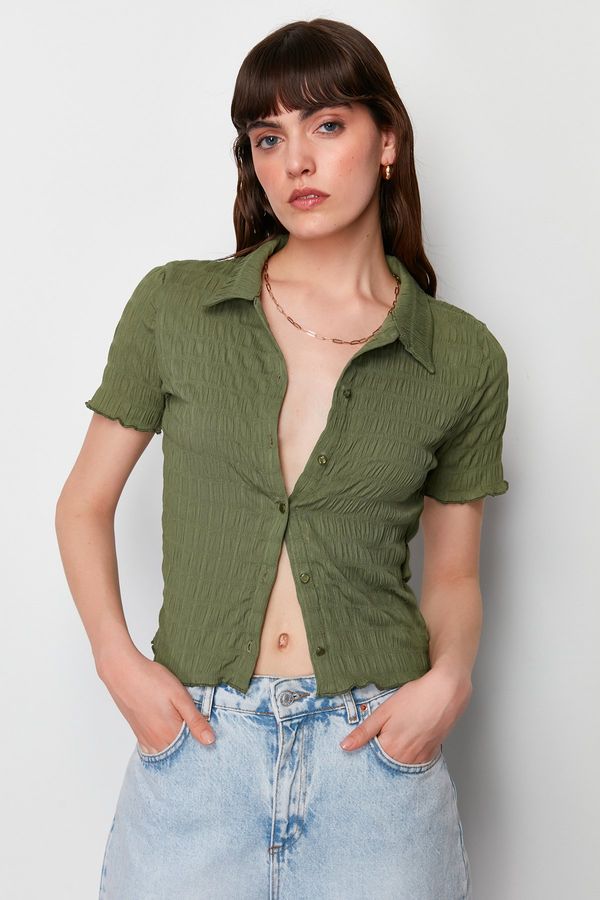 Trendyol Trendyol Khaki Textured Fitted/Fitted Short Sleeve Stretch Knitted Blouse