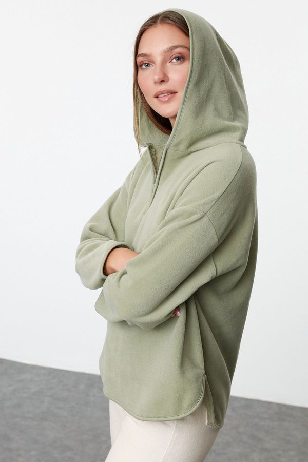 Trendyol Trendyol Khaki Thick Fleece Hooded and Zippered Oversize/Wide Fit Knitted Sweatshirt