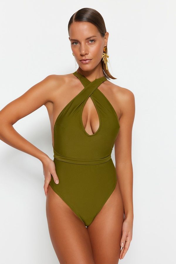 Trendyol Trendyol Khaki V-neck Tie Normal Leg Swimsuit