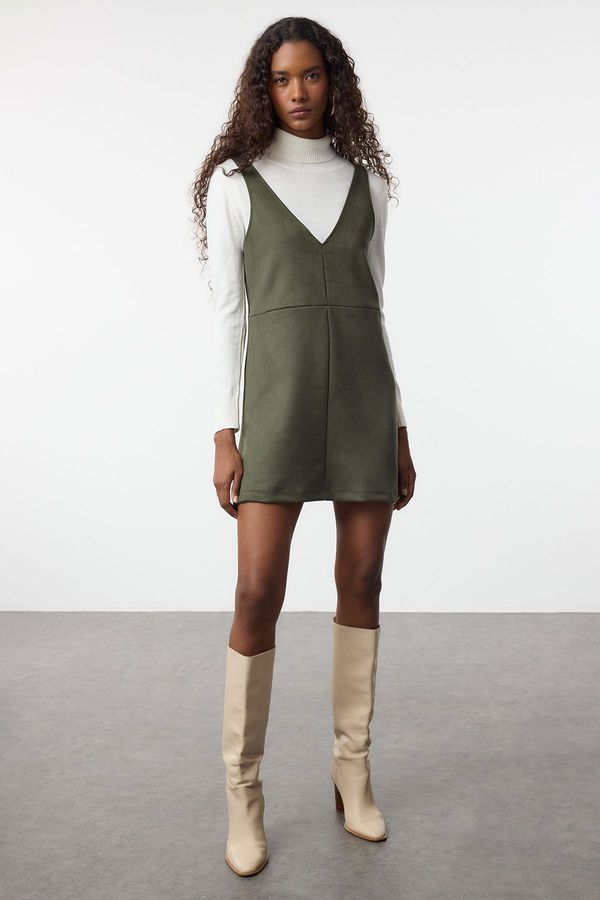 Trendyol Trendyol Khaki V Neck Vest Suede Mini Knitted Dress