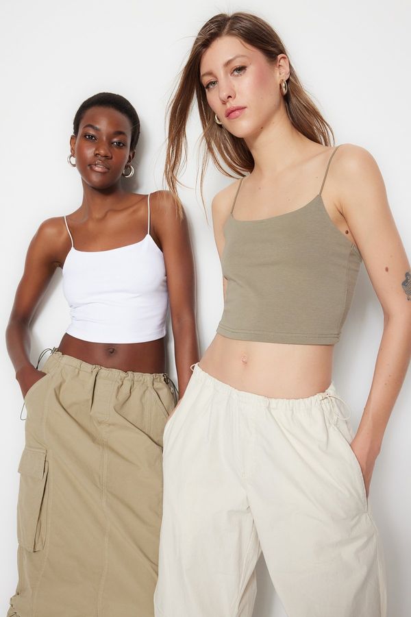 Trendyol Trendyol Khaki-White 2-Pack Cotton Spaghetti Straps Crop, Stretchy Knit Undershirt