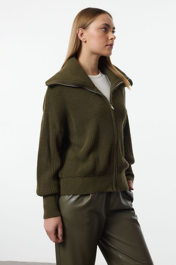 Trendyol Trendyol Khaki Wide Cut Turn-down Collar Zippered Knitwear Cardigan