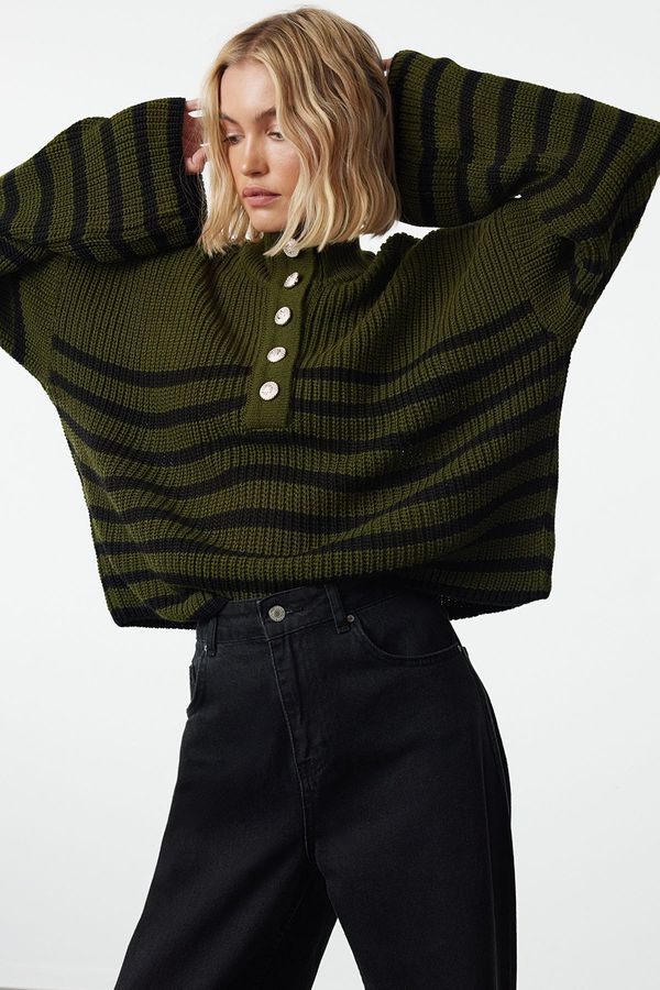 Trendyol Trendyol Khaki Wide Pattern Crew Neck Striped Knitwear Sweater