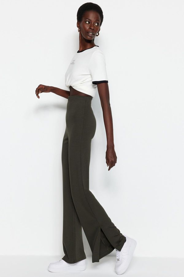 Trendyol Trendyol Khaki With Slits in the Sides Flare/Flare-Flare High Waist Knitted Pants