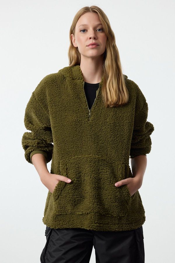 Trendyol Trendyol Khaki Zippered Hooded Oversize/Wide Fit Plush Knitted Sweatshirt