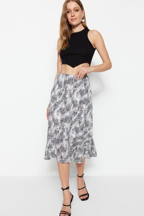 Trendyol Trendyol Knitted Black Midi Skirt With Ruffles and Animal Patterns