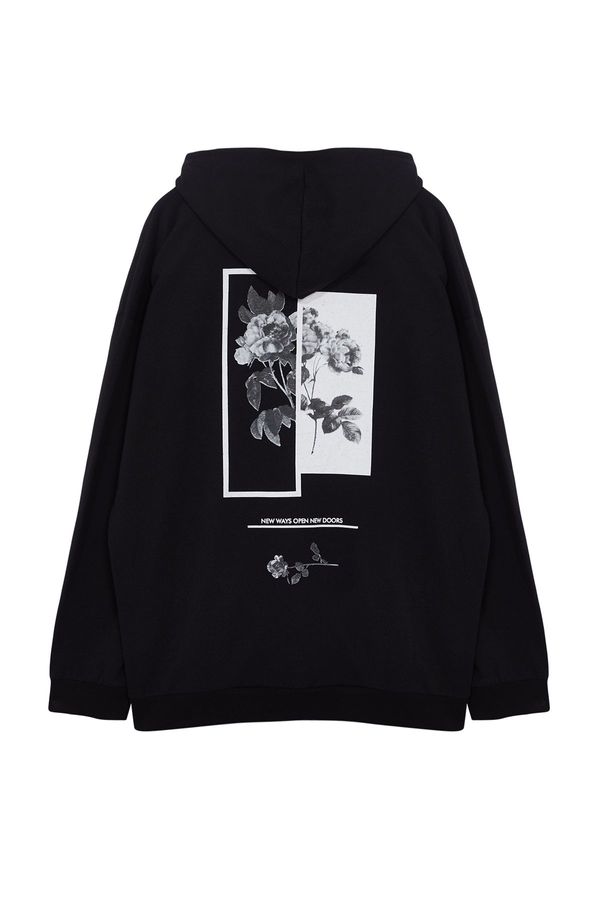 Trendyol Trendyol Large Size Black Oversize/Wide Cut Hooded Floral Printed Sweatshirt with Fleece Inside