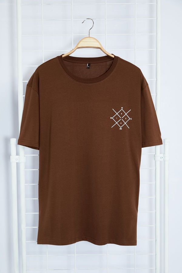 Trendyol Trendyol Large Size Dark Brown Regular Cut Comfortable Printed 100% Cotton T-Shirt