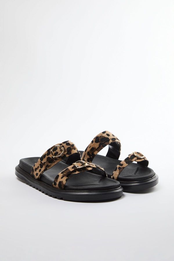 Trendyol Trendyol Leopard Double Buckle Brown Thick Sole Women's Slipper