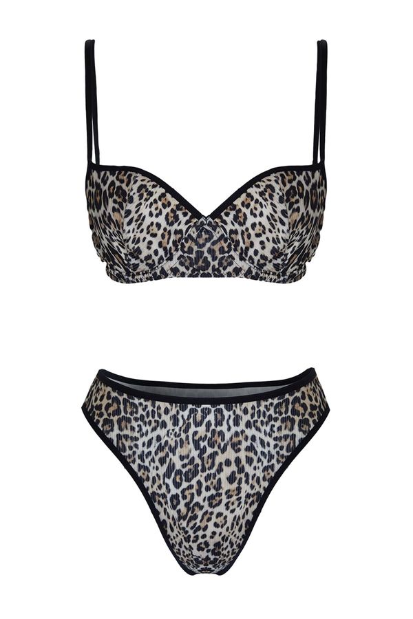 Trendyol Trendyol Leopard Patterned Ribbed Unlined Knitted Underwear Set