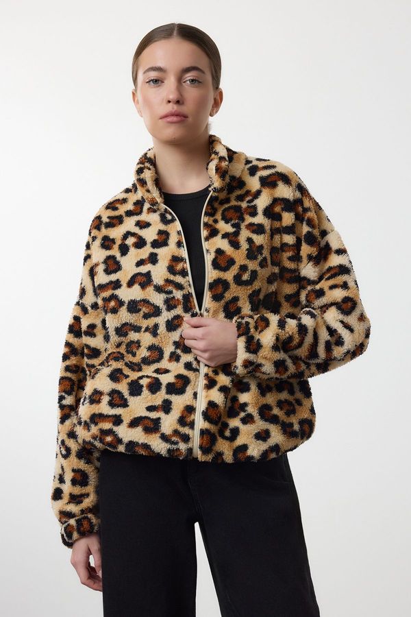 Trendyol Trendyol Leopard Printed Plush Oversize/Wide Cut Knitted Sweatshirt