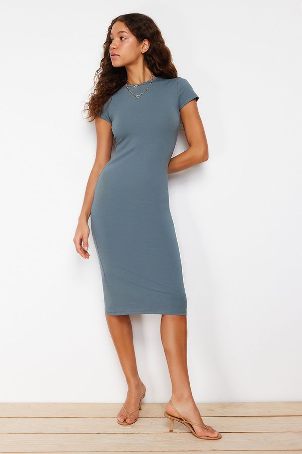 Trendyol Trendyol Light Anthracite Short Sleeve Fitted/Sticky Cotton Stretch Midi Knit Dress