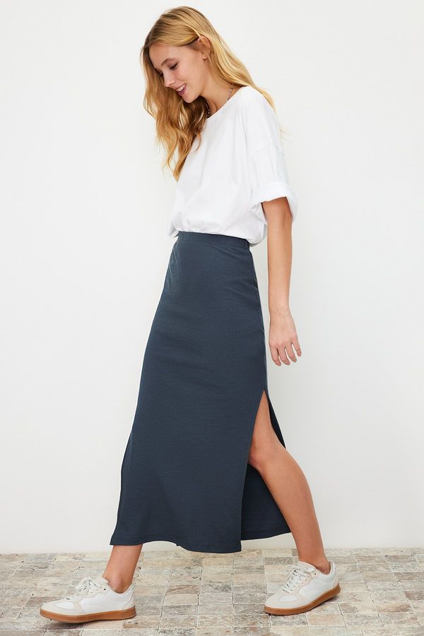Trendyol Trendyol Light Anthracite Slit Detail Fitted High Waist Ribbed Flexible Maxi Knitted Skirt