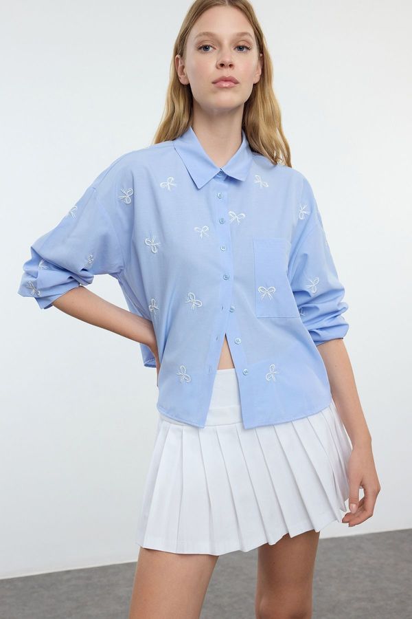 Trendyol Trendyol Light Blue Bow Printed Crop Striped Shirt