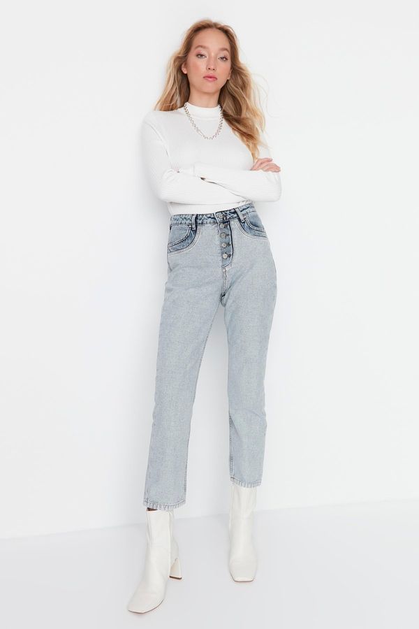 Trendyol Trendyol Light Blue Color Block High Waist Straight Jeans with Buttons at the Front