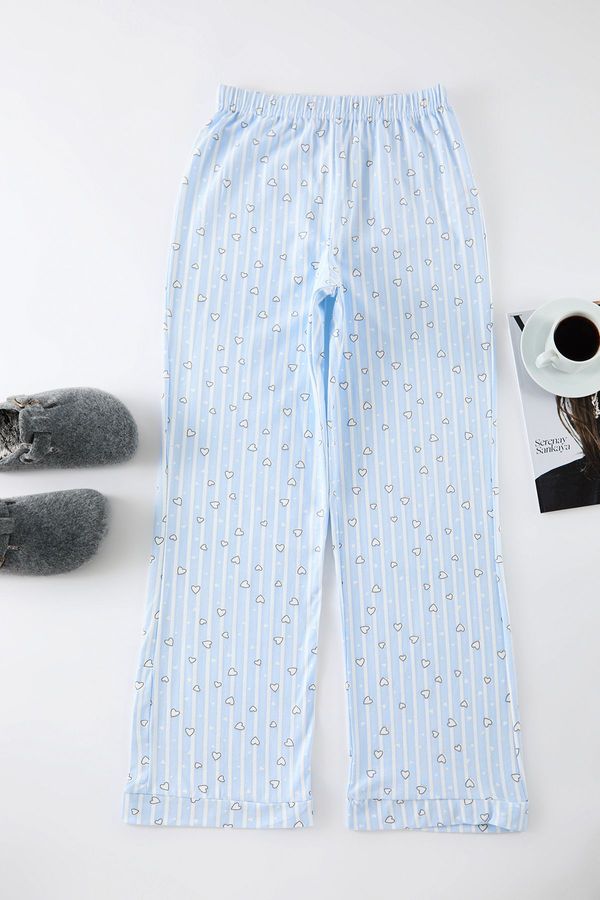 Trendyol Trendyol Light Blue Cotton Striped and Heart Knitted Pajama Bottoms