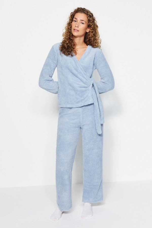 Trendyol Trendyol Light Blue Double-Breasted Collar Wellsoft Shirt-Pants and Knitted Pajamas Set