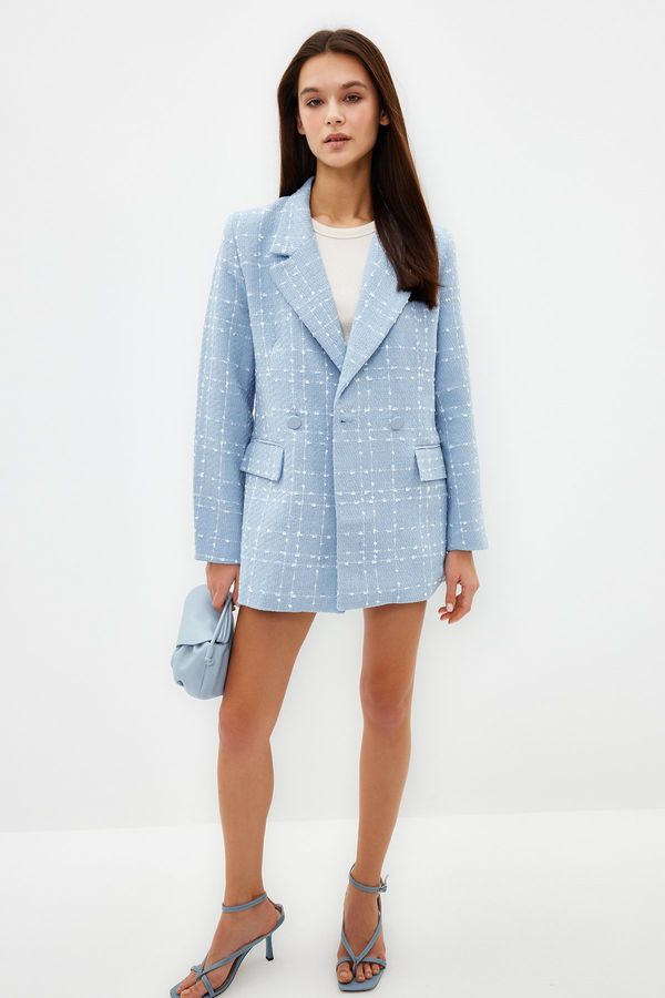 Trendyol Trendyol Light Blue Oversize Woven Plaid Blazer Jacket