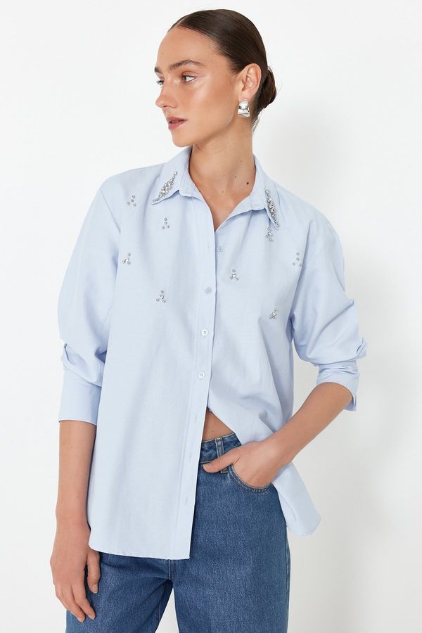 Trendyol Trendyol Light Blue Regular Fit Woven Shirt with Stone Detail on the Front