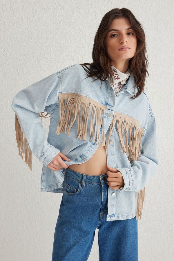 Trendyol Trendyol Light Blue Suede Tassel Oversize Denim Jacket
