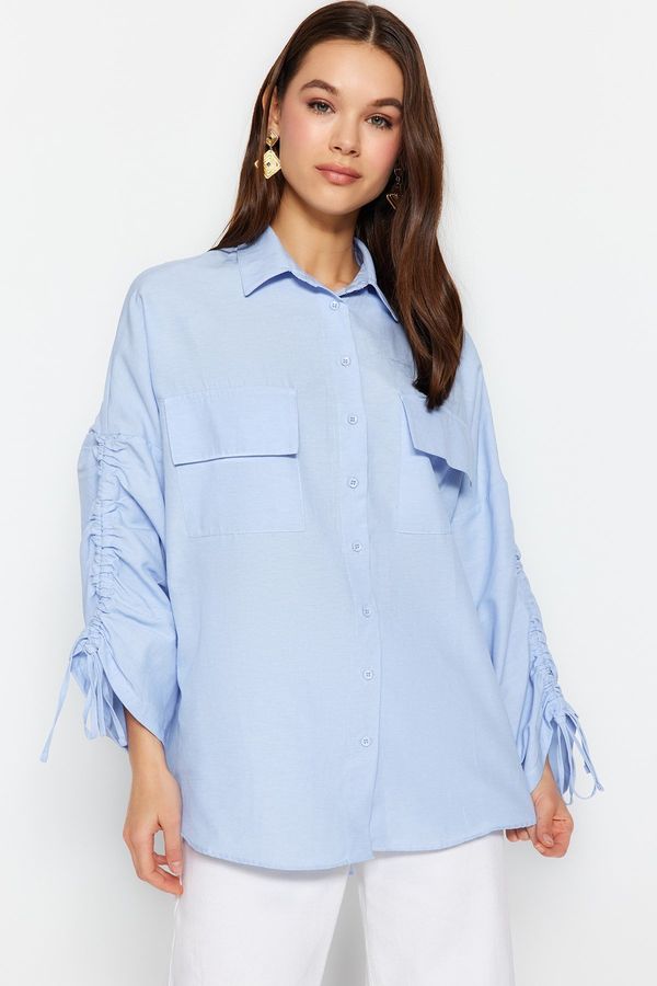 Trendyol Trendyol Light Blue Woven Cotton Shirt with Adjustable Gathering Detail on Sleeves