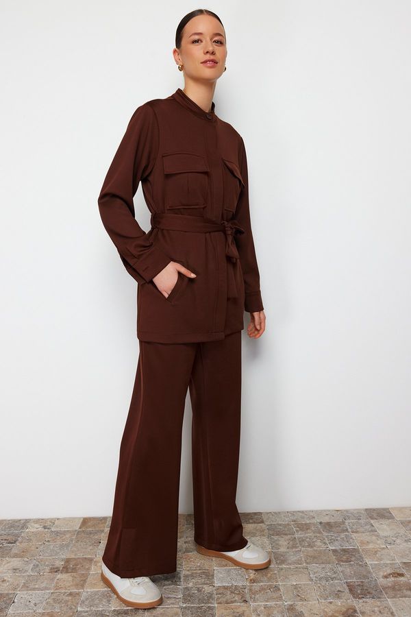 Trendyol Trendyol Light Brown Belted Pocket Detailed Diver/Scuba Knitted Bottom-Top Suit