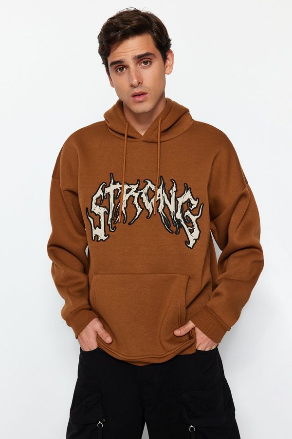 Trendyol Trendyol Light Brown Oversize/Wide Cut Fleece/Warm Text Embroidered Sweatshirt