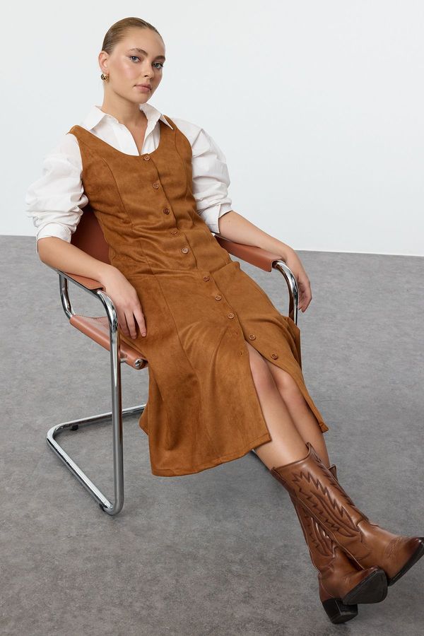 Trendyol Trendyol Light Brown Plain Button Detailed A Line/A Cut Suede Gilet Midi Knitted Dress