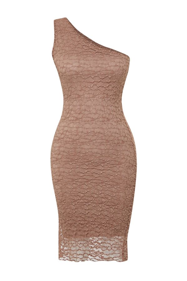 Trendyol Trendyol Light Brown Single Sleeve Body Fitted Textured Stretch Knitted Midi Dress