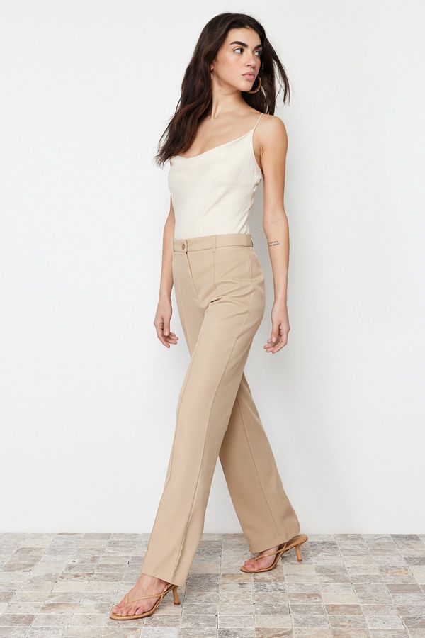 Trendyol Trendyol Light Brown Straight/Straight Fit High Waist Ribbed Stitched Woven Trousers